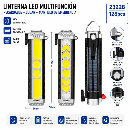 Foco LED Multifunción Recargable Solar con Martillo de Emergencia