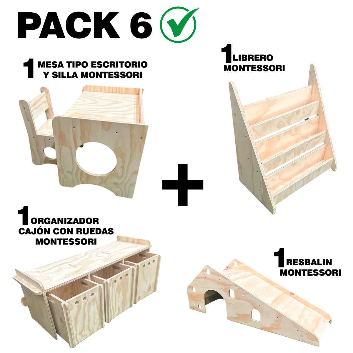 Pack 6 Montessori: Mesa + Silla + Librero + Organizador + Resbalín para Niños