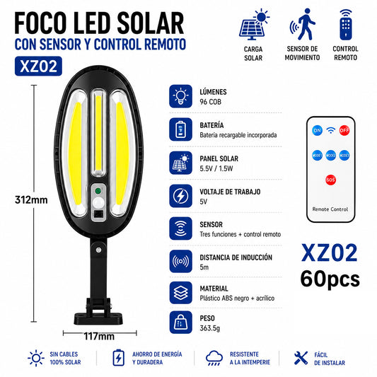 Foco Solar LED 96 COB con Sensor de Movimiento y Control Remoto XZ02