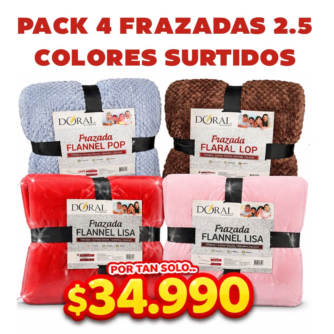 PACK DE 4 Frazadas Térmica Doral 2.5 Plazas COLORES SURTIDOS