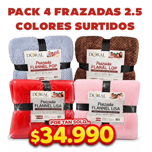 PACK DE 4 Frazadas Térmica Doral 2.5 Plazas COLORES SURTIDOS