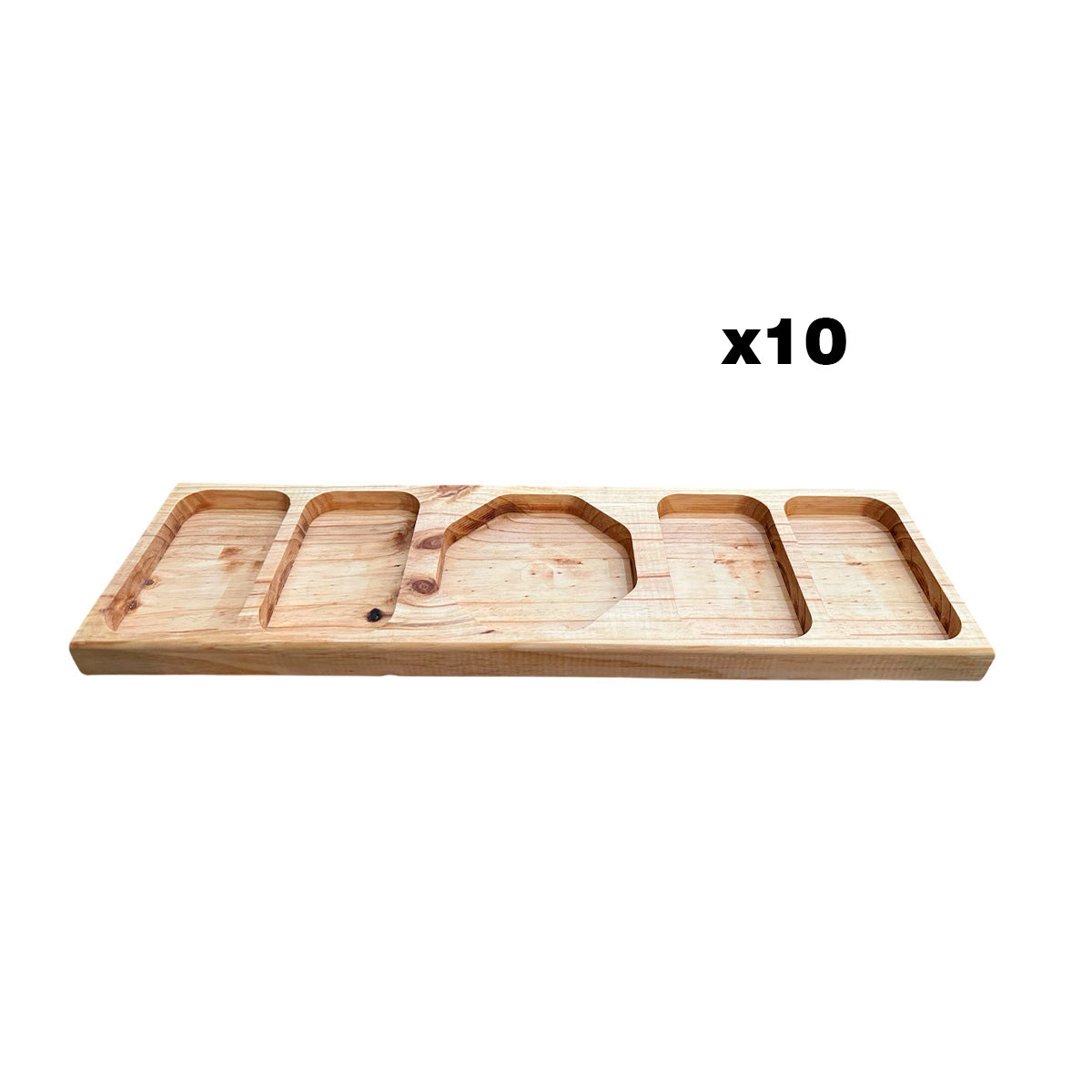 Imagen de una tabla de picoteo de pino con varios compartimentos, mostrando su diseño rústico y elegante.