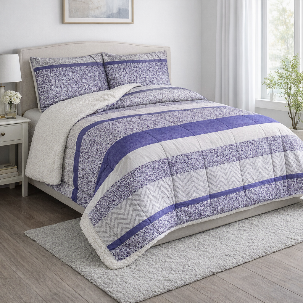 CUBRECAMA DORAL Da Vinci  SHERPA 1.5 PLAZAS Gris y azul franjas