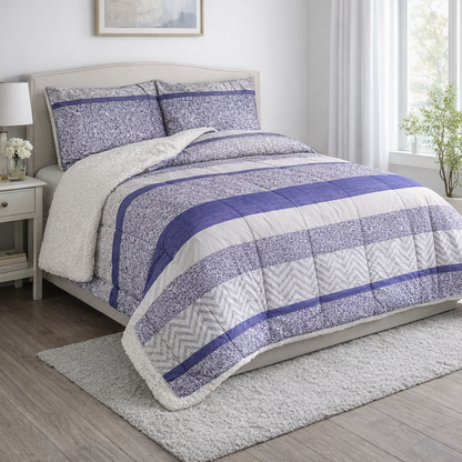 CUBRECAMA DORAL Da Vinci  SHERPA 1.5 PLAZAS Gris y azul franjas