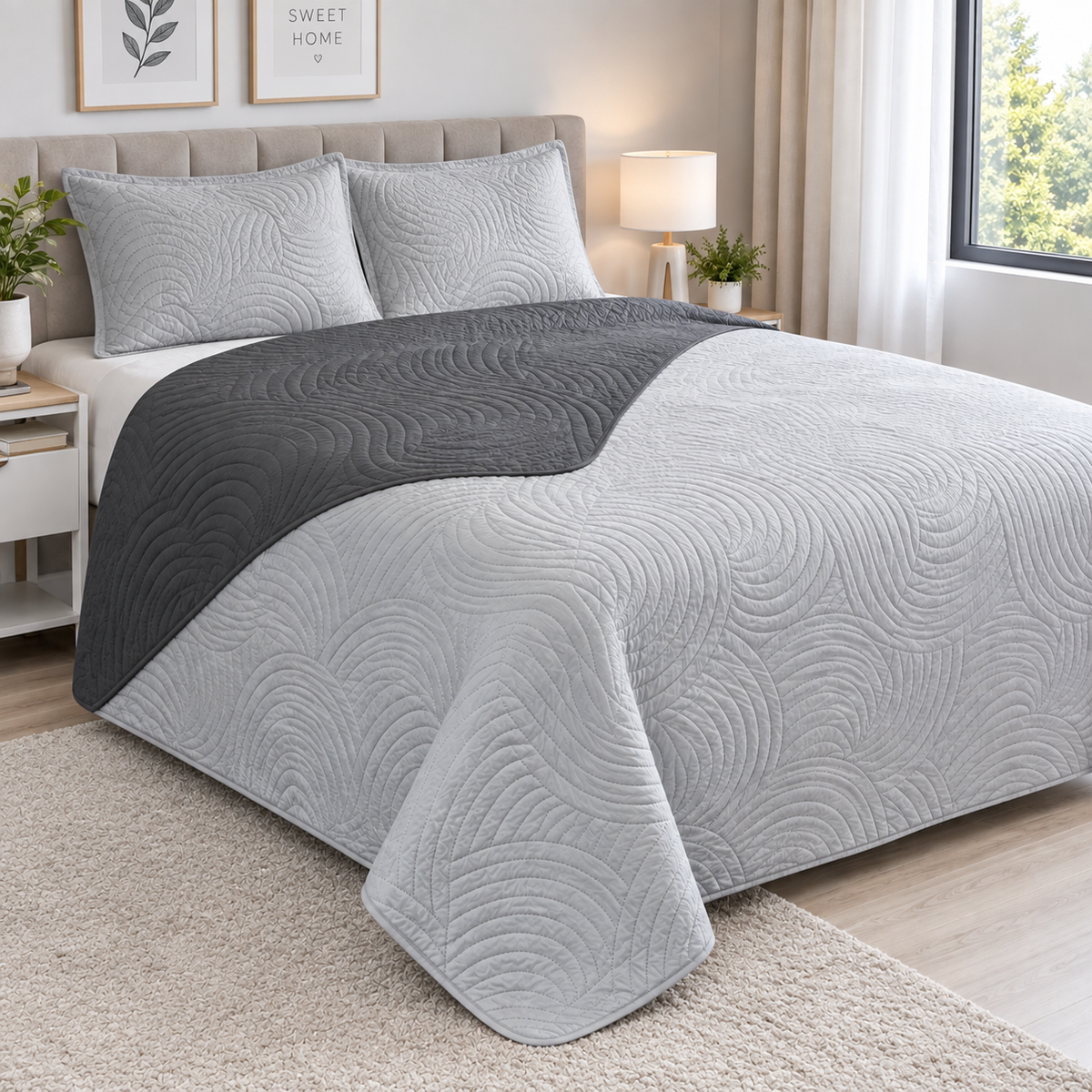 Cobertor Quilt Doral Hotpress Bicolor  Gris 2 Plazas
