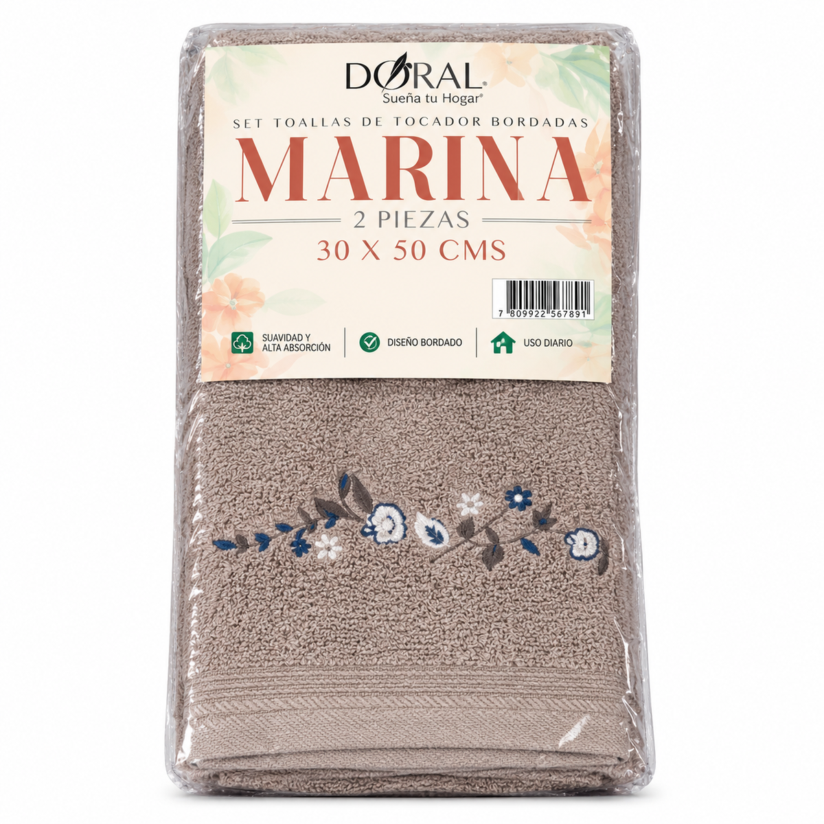 Set de Toallas Doral Marina Café Claro Bordadas 2 Piezas 30 × 50 cm