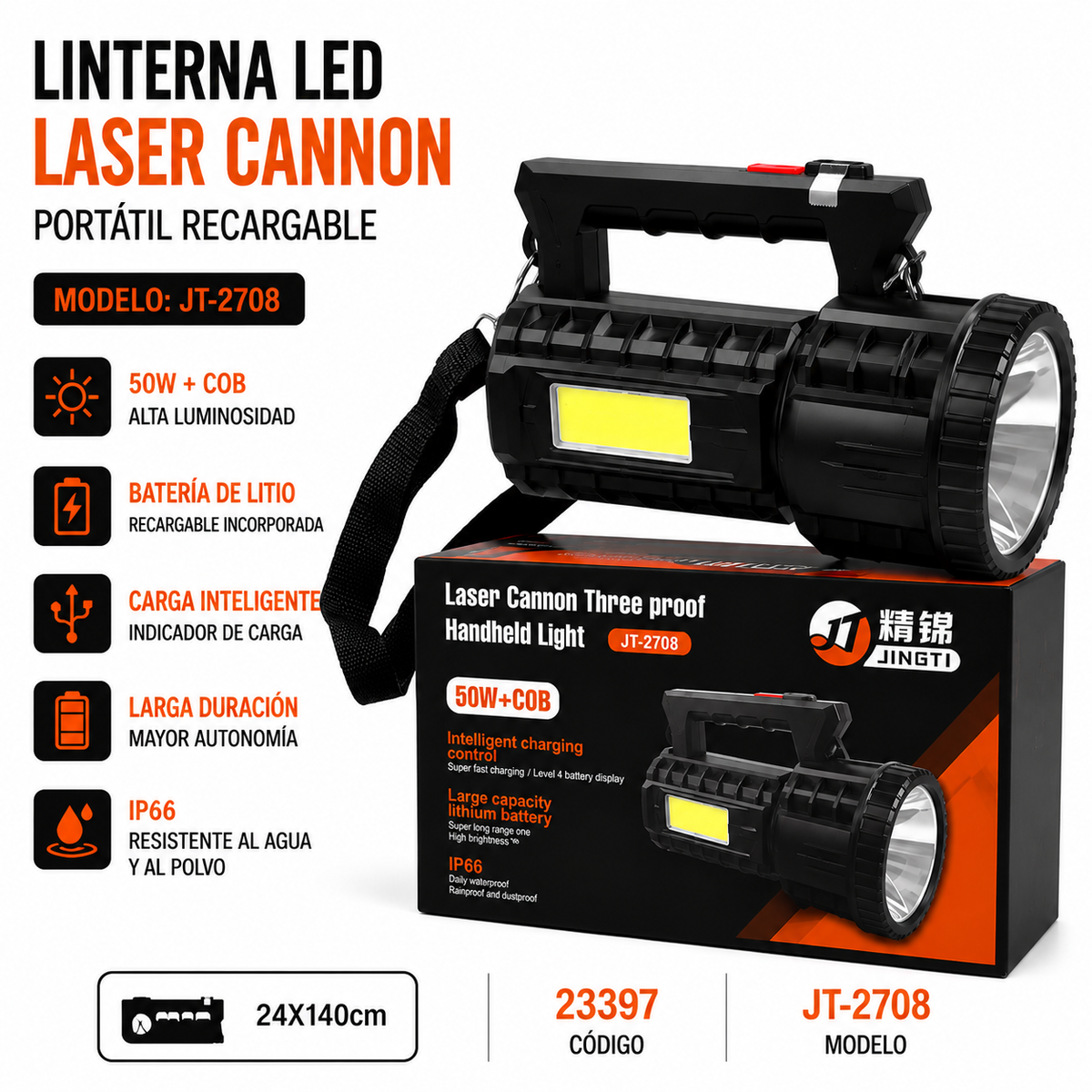 Linterna LED Recargable 50W + COB Alta Potencia JT-2708