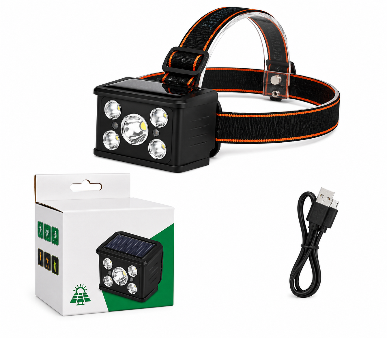 Linterna Frontal LED Solar Recargable con 5 Focos