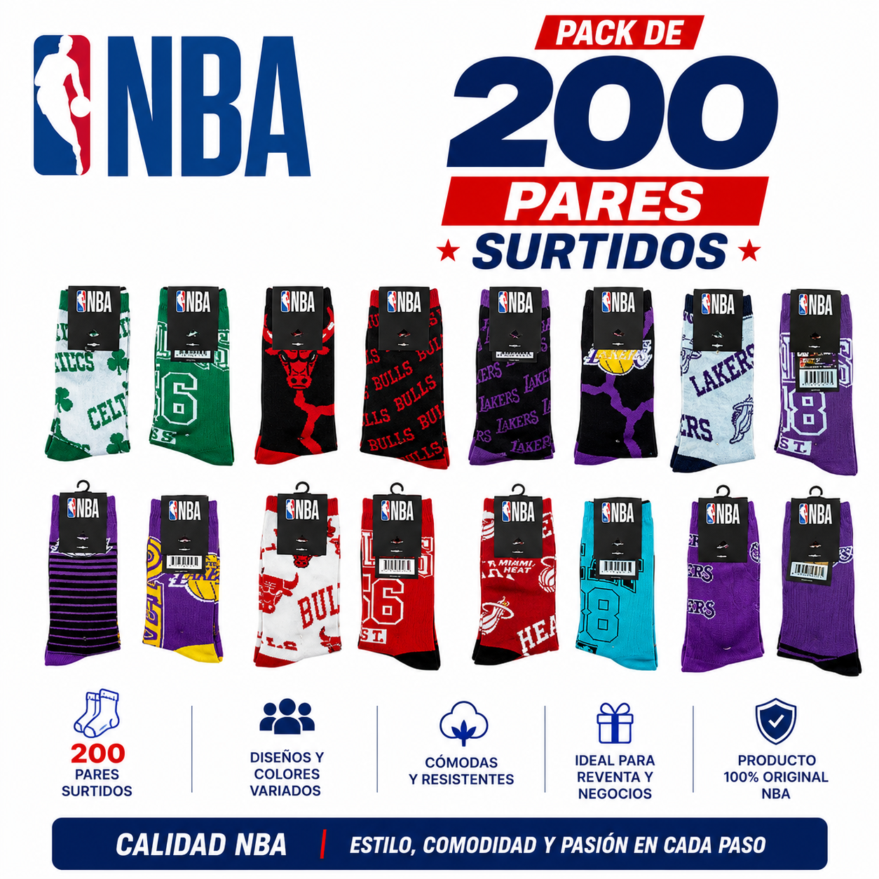 Pack de 200 Pares de Calcetines NBA Originales Surtidos