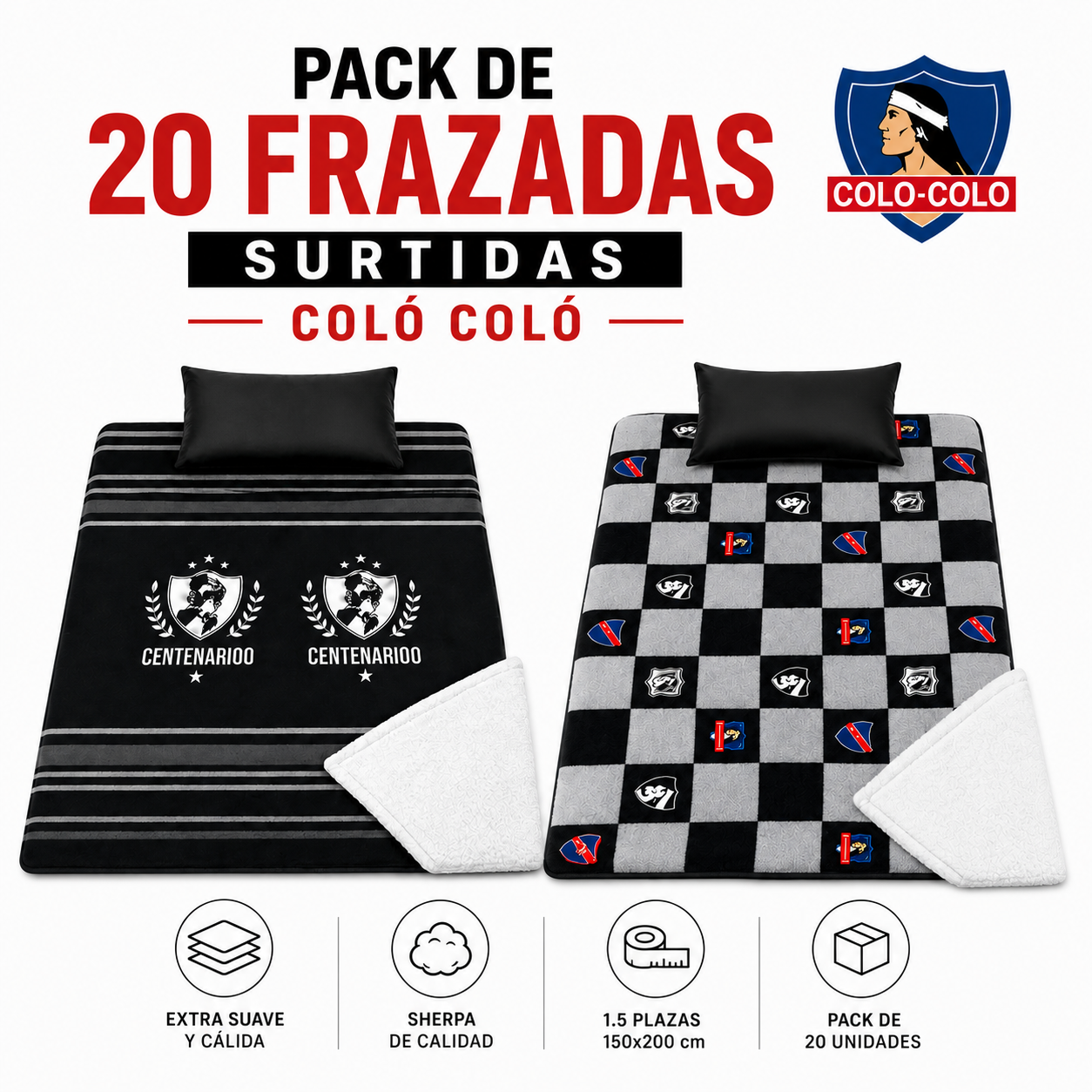 pack de 20 frazadas surtidas colo colo 1.5 plazas