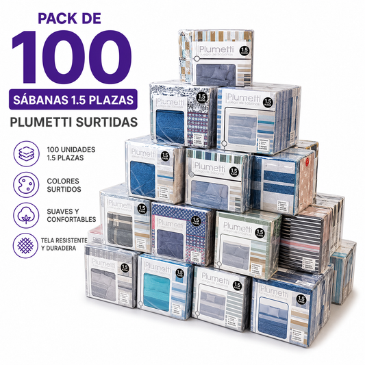 Pack de 100 Juegos de Sábanas 1.5 Plazas Plumetti Surtidas