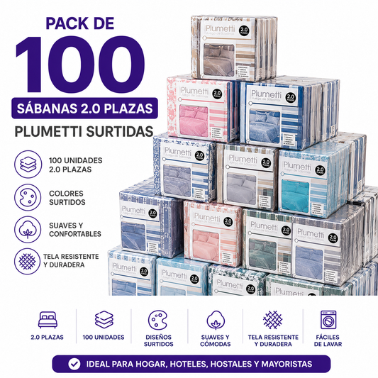 Pack de 100 Juegos de Sábanas 2.0 Plazas Plumetti Surtidas