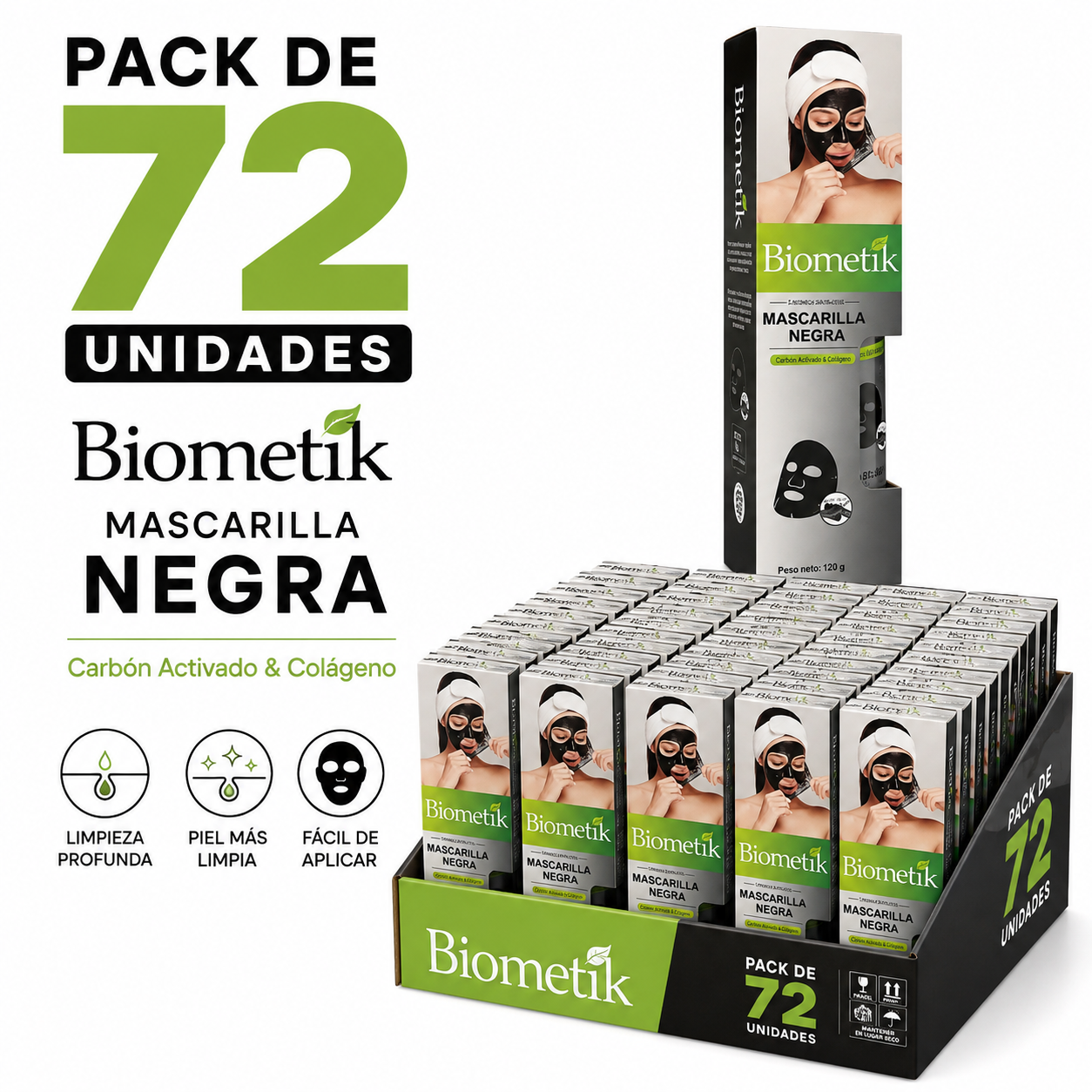 Pack de 72 Unidades Mascarilla Negra Biometik Carbón Activado & Colágeno