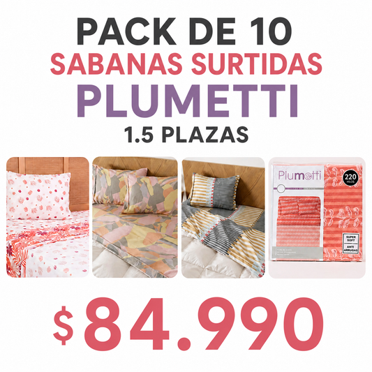 Pack de 10 Sábanas 1.5 plazas 220 hilos Plumetti Mashini