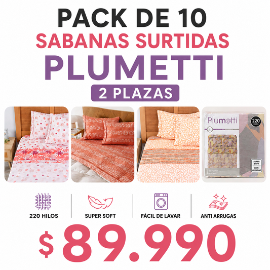 Pack de 10 Sábanas 2 plazas 220 hilos Plumetti Mashini
