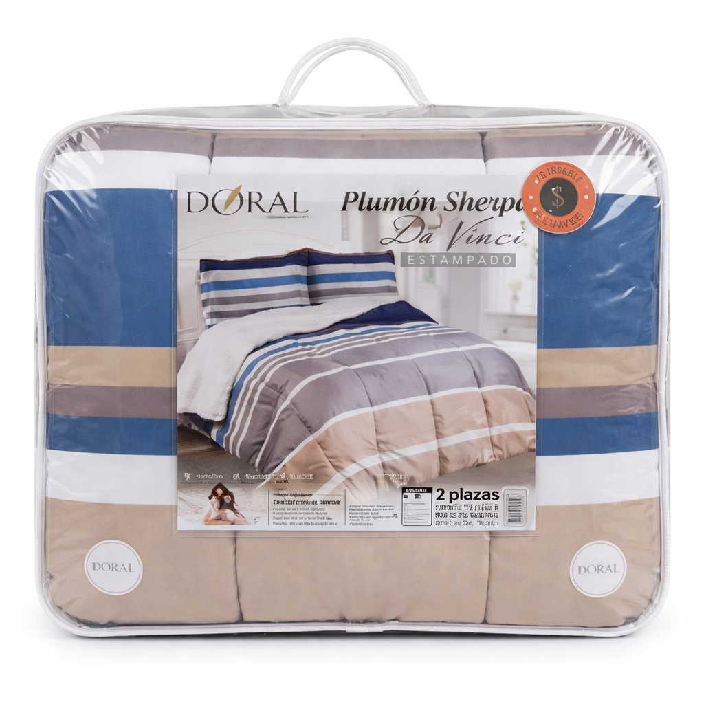 Plumón Sherpa Doral Da Vinci Estampado Lineal Beige, azul- 1.5 Plazas (165 x 230 cm)