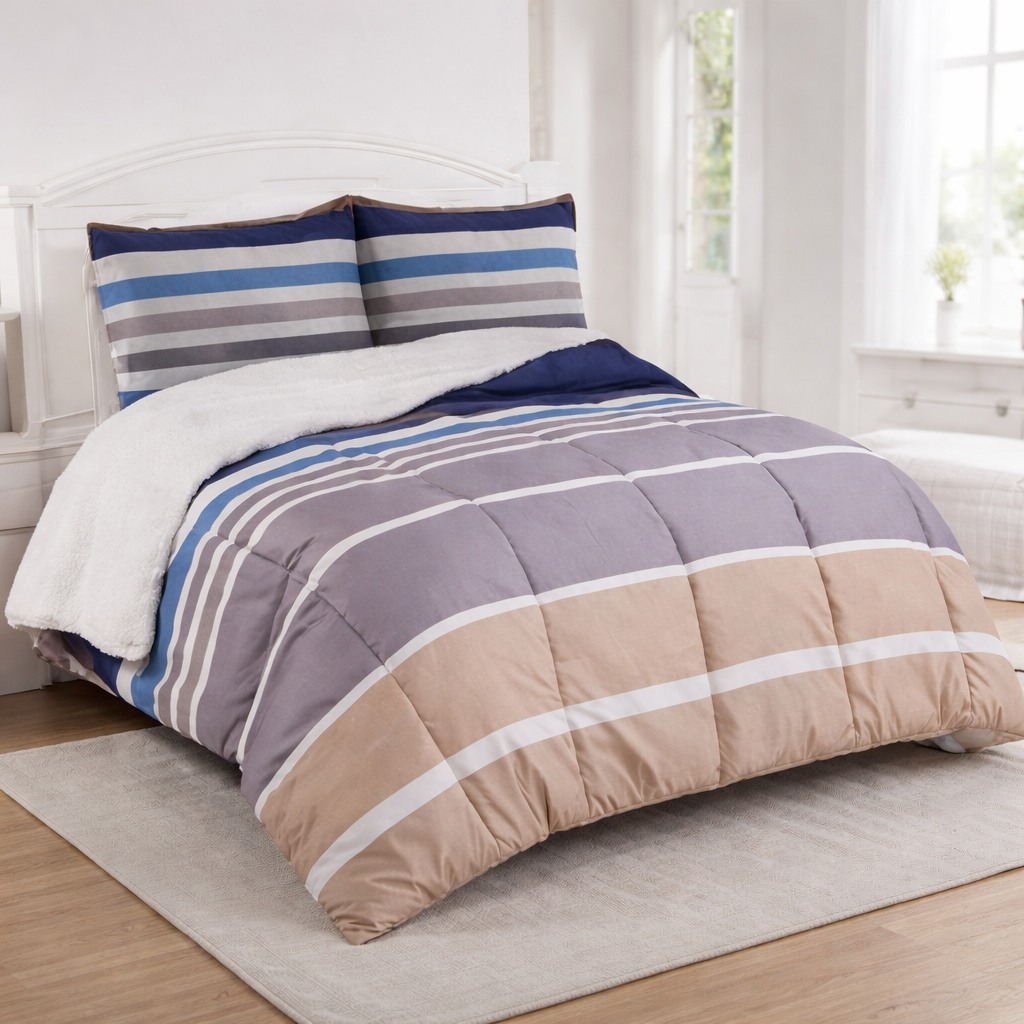 Plumón Sherpa Doral Da Vinci Estampado Lineal Beige, azul- 1.5 Plazas (165 x 230 cm)