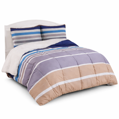 Plumón Sherpa Doral Da Vinci Estampado Lineal Beige, azul- 1.5 Plazas (165 x 230 cm)