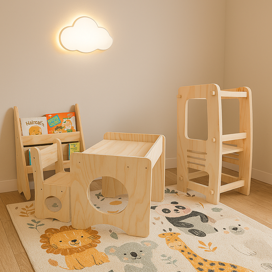 Pack Montessori: Mesa + Silla + Torre de Aprendizaje + Librero para Niños