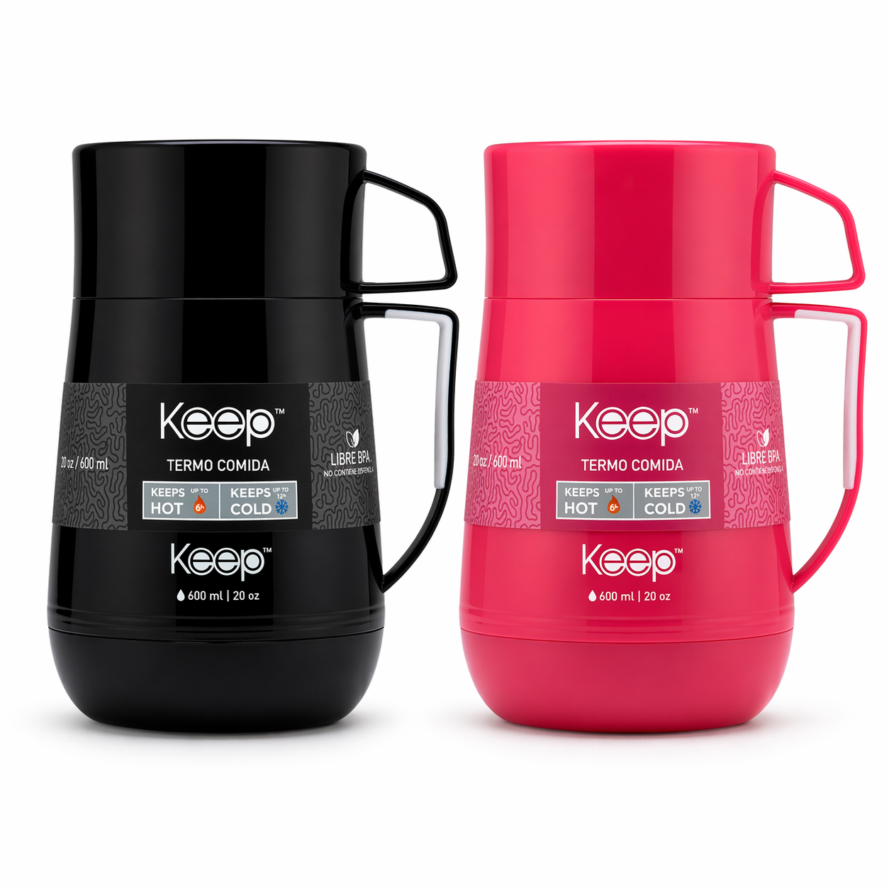 PACK DE 2 TERMOS DE COMIDA PP 600ML KEEP NEGRO Y ROSADO
