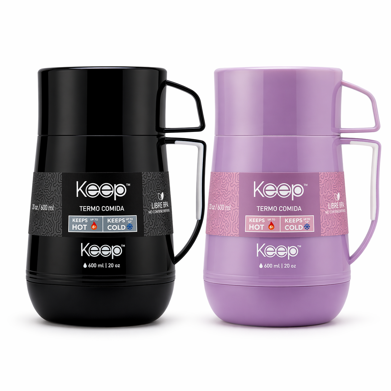 PACK DE 2 TERMOS DE COMIDA PP 600ML KEEP NEGRO Y MORADO LILA