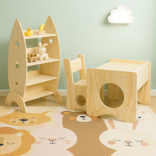 Pack Montessori: Estante Cohete + Silla + Mesa para Niños