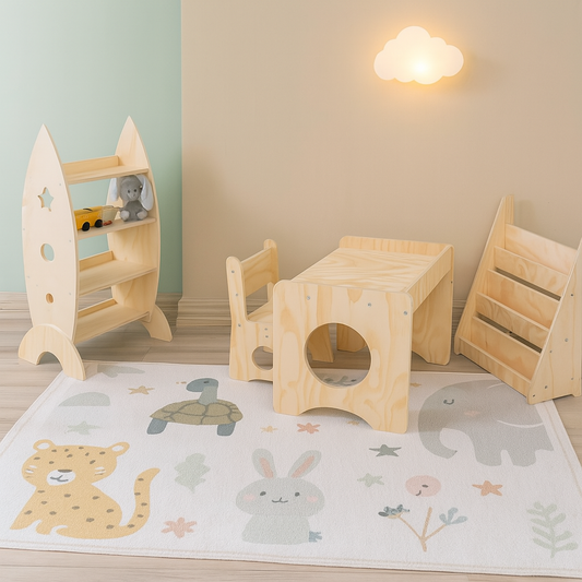 Pack Montessori: Estante Cohete + Mesa + Silla + Librero para Niños