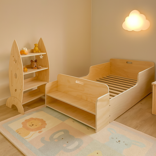 Pack Montessori: Estante Cohete + Cama para Niños