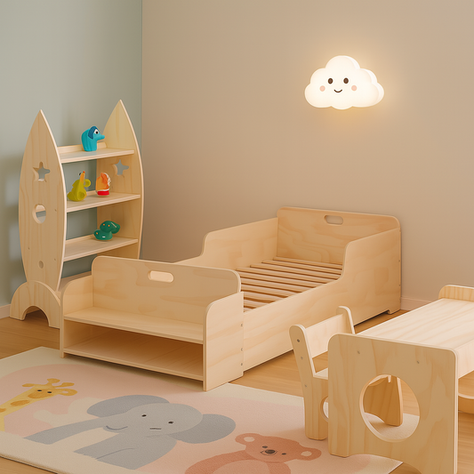 Pack Montessori: Estante Cohete + Cama + Mesa + Silla para Niños