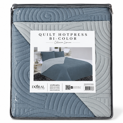 Cobertor Quilt Doral Hotpress Bicolor Azul Acero / Gris 1.5 Plazas