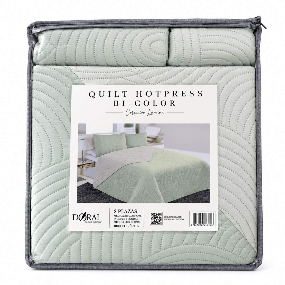 Cobertor Quilt Doral Hotpress Bicolor Verde Agua 2 Plazas