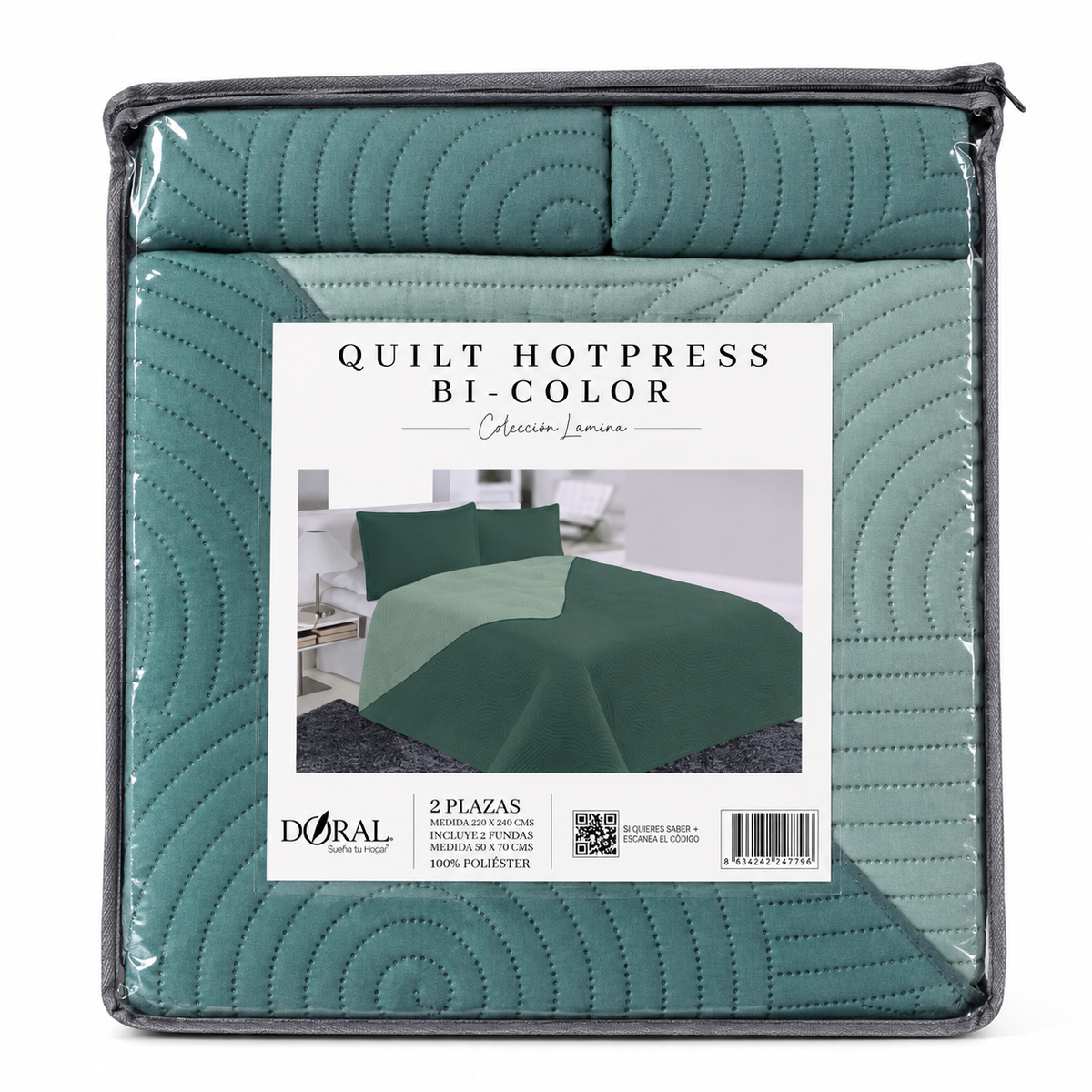 Cobertor Quilt Doral Hotpress Bicolor  Verde 2 Plazas