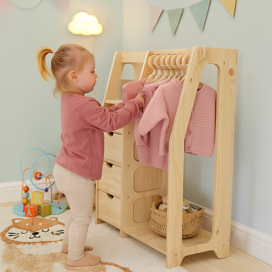 Clóset Montessori de Madera con 6 Colgadores