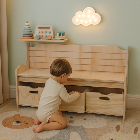 Banco Organizador Montessori de Madera para Niños con 3 Cajones