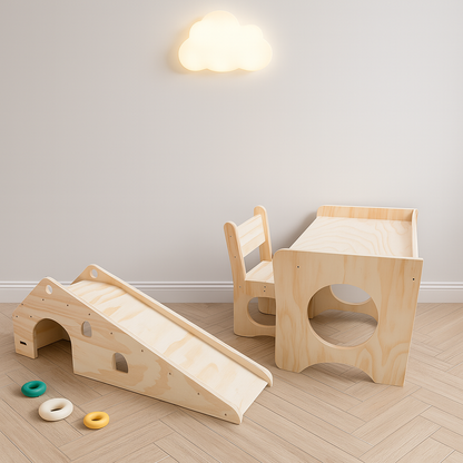 Pack 4 Montessori: Mesa + Silla + Resbalín para Niños