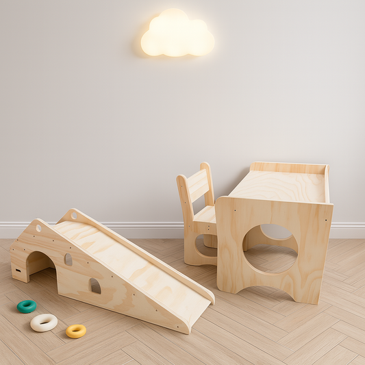 Pack 4 Montessori: Mesa + Silla + Resbalín para Niños