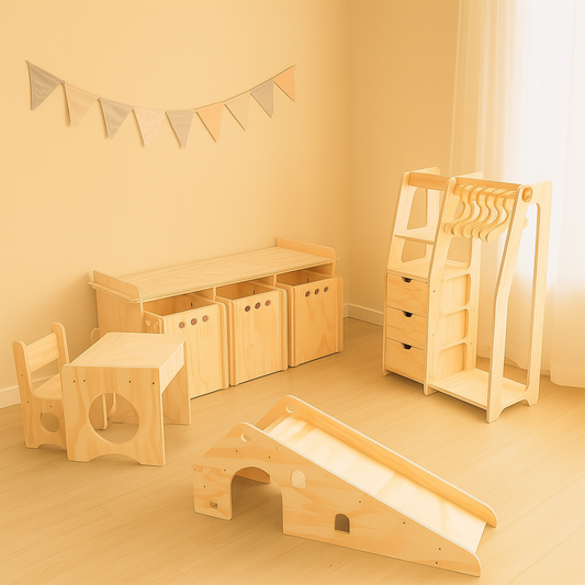 Pack 9 Montessori: Mesa + Silla + Organizador + Clóset + Resbalín para Niños