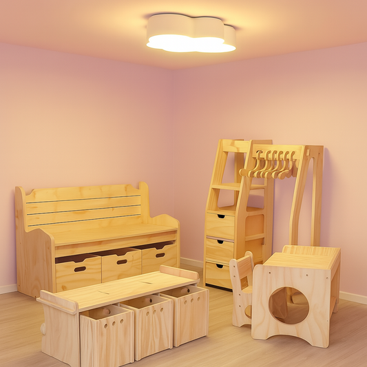 Pack 10 Montessori: Mesa + Silla + Organizador + Clóset + Banco Organizador para Niños
