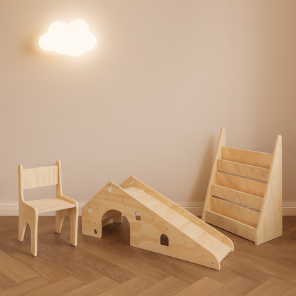 Pack 28 Montessori: Silla + Resbalín + Librero para Niños