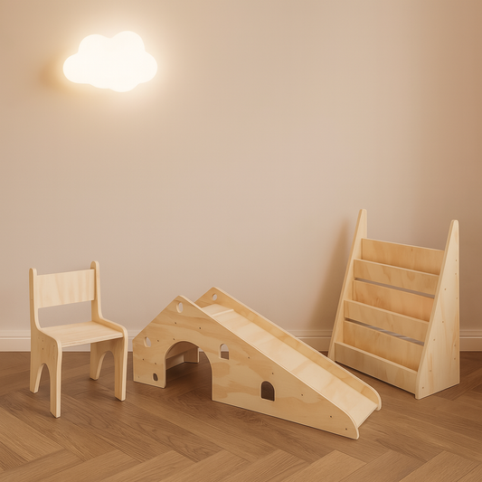 Pack 28 Montessori: Silla + Resbalín + Librero para Niños