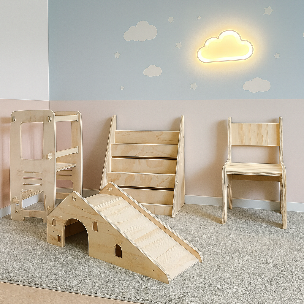 Pack 30 Montessori: Torre de Aprendizaje + Librero + Resbalín + Silla para Niños