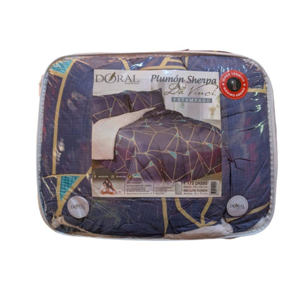 Plumón Sherpa Doral Da Vinci Estampado Azul dorado- 2 Plazas (210 x 230 cm)