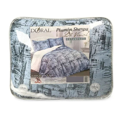 Plumón Sherpa Doral Da Vinci Estampado Abstracto Celeste- 1.5 Plazas (165 x 230 cm)