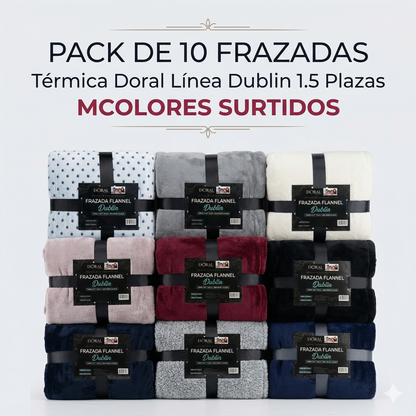 PACK DE 10 Frazada Térmica Doral Línea Dublin 1.5 Plazas COLORES SURTIDOS