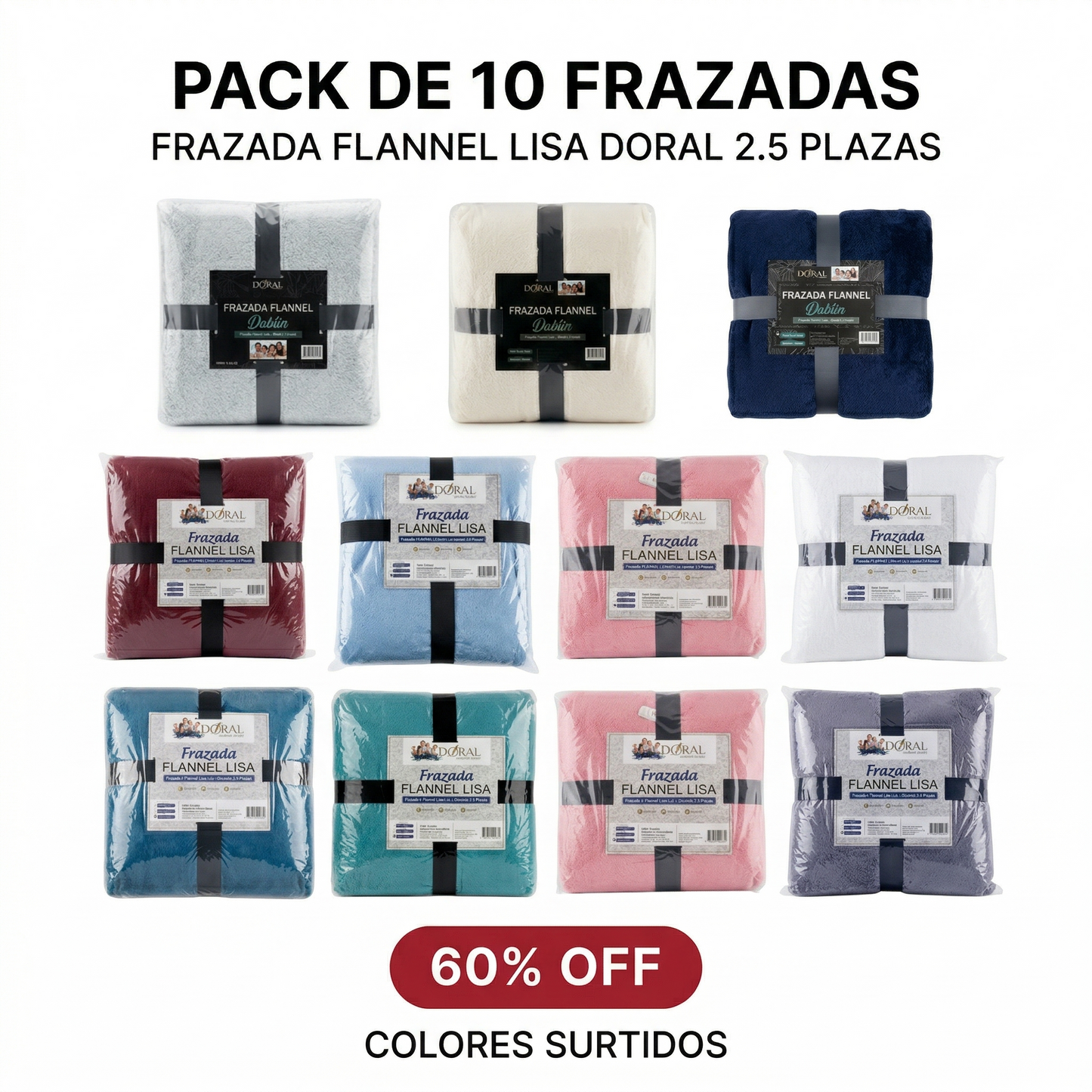 PACK DE 10 FRAZADA FLANNEL LISA DORAL 2.5 PLAZAS COLORES SURTIDOS