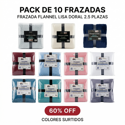 PACK DE 10 FRAZADA FLANNEL LISA DORAL 2.5 PLAZAS COLORES SURTIDOS