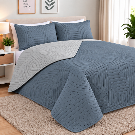 Cobertor Quilt Doral Hotpress Bicolor Azul Acero / Gris 1.5 Plazas