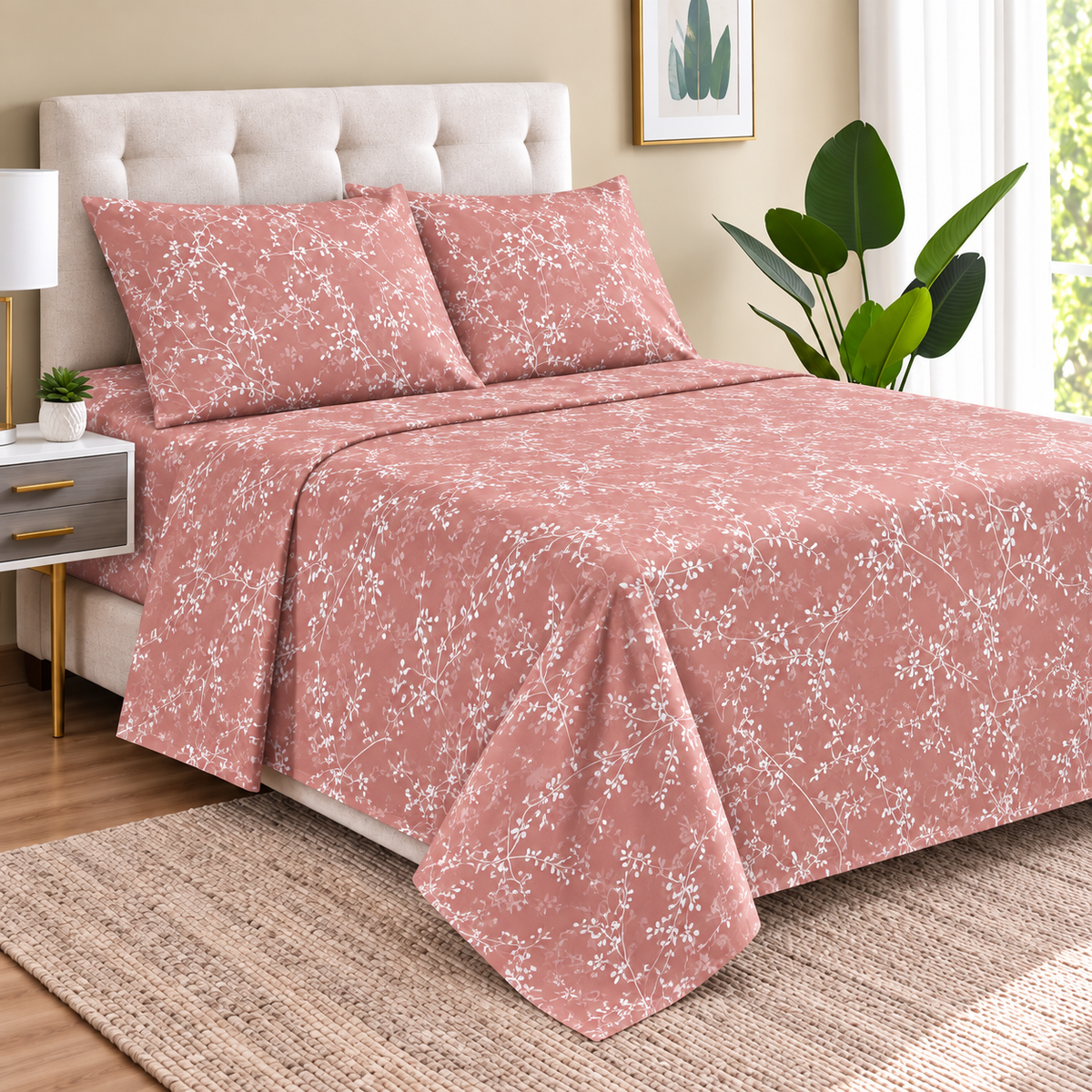 Juego Sábanas 1.5 Plazas Aterciopeladas Composé Microfibra Doral Primavera Rosa