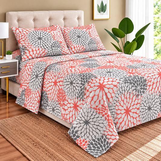 Juego Sábanas 2.5  plazas Aterciopeladas Composé Microfibra  Doral Mandala Coral Gris