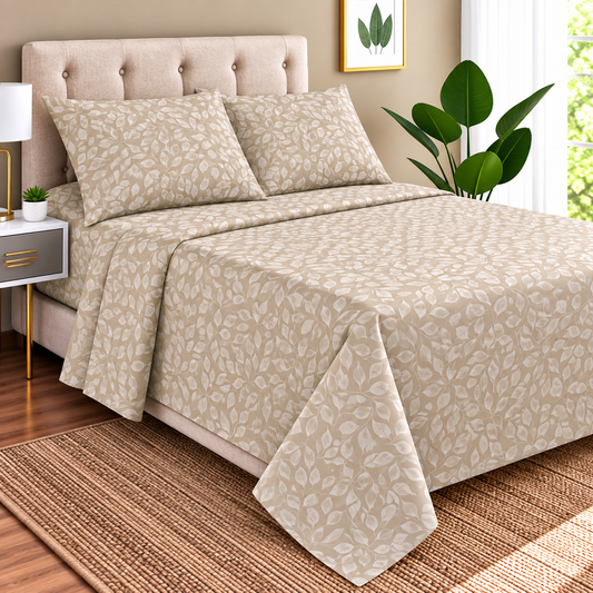 Juego Sábanas 2.5  plazas Aterciopeladas Composé Microfibra  Doral Hojas Beige